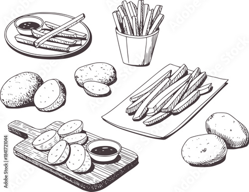Hand drawn black and white of various potato preparations