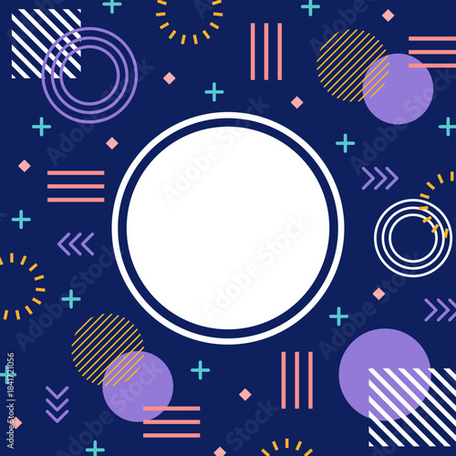 Abstract memphis style geometric pattern background with blank circle