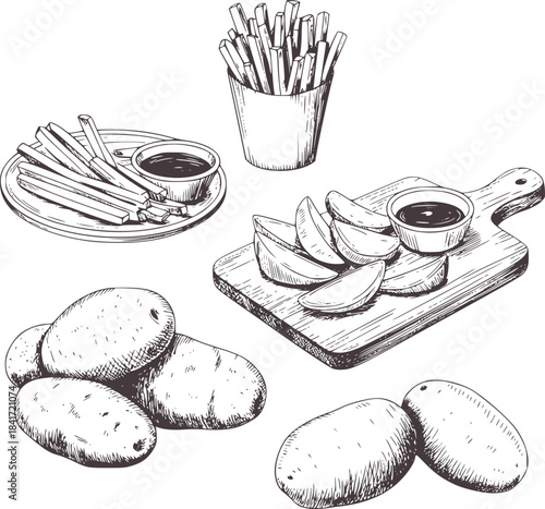 Hand drawn black and white potato and french fry food