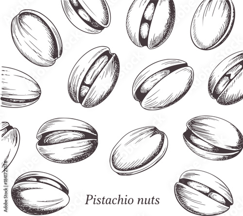 Hand drawn black and white pistachio nuts detailed