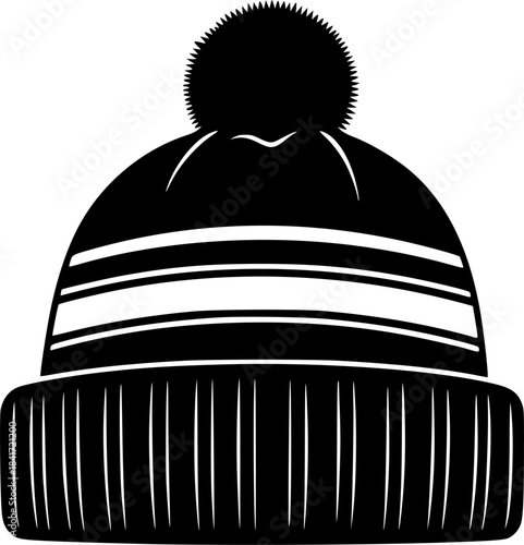 Black winter hat with pompom features a ribbed band and stylish stripe
