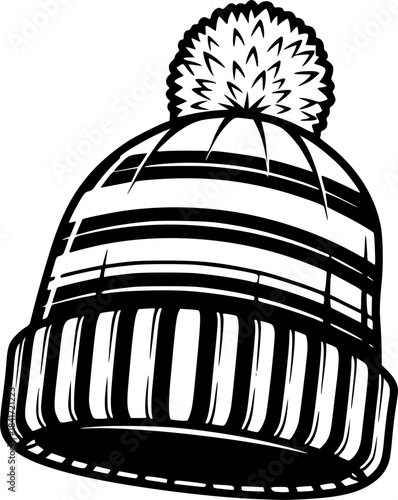 Black winter hat with pompom features a ribbed band and stylish stripe
