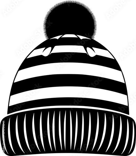 Black winter hat with pompom features a ribbed band and stylish stripe
