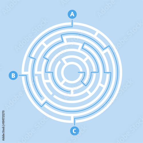 Circular maze showing problem solving and solution concept