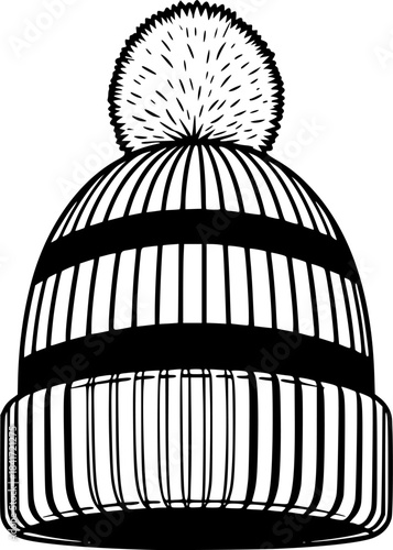 Black winter hat with pompom features a ribbed band and stylish stripe
