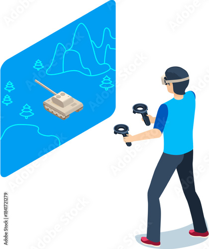 Person experiencing virtual reality tank game immersion