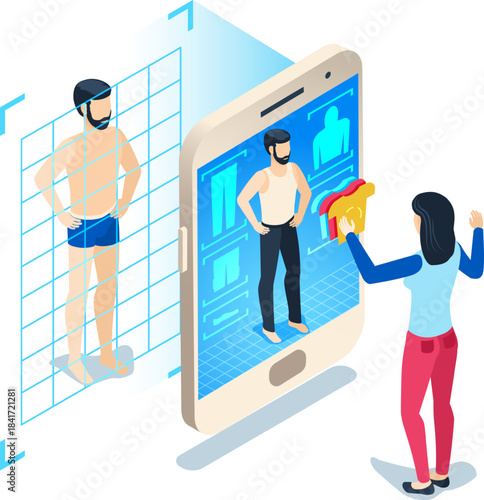 Woman trying virtual augmented reality clothing on smartphone