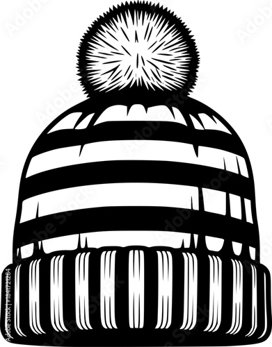 Black winter hat with pompom features a ribbed band and stylish stripe
