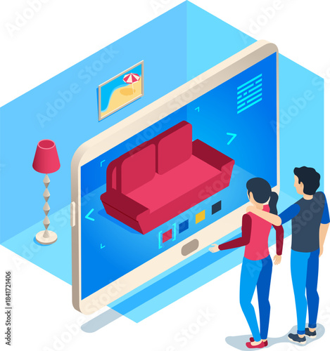 Couple interacting with augmented reality for furniture shopping