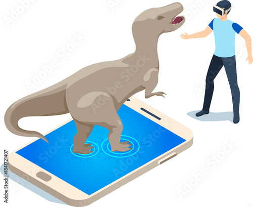 Man experiencing augmented reality dinosaur from phone screen