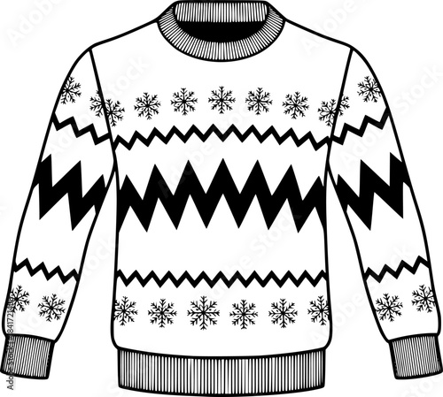 Outline of a Winter Holiday Ugly Christmas Sweater with Snowflakes and Zigzags Design
