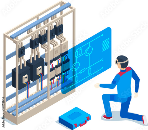 Engineer using augmented reality inspecting electrical panel diagram