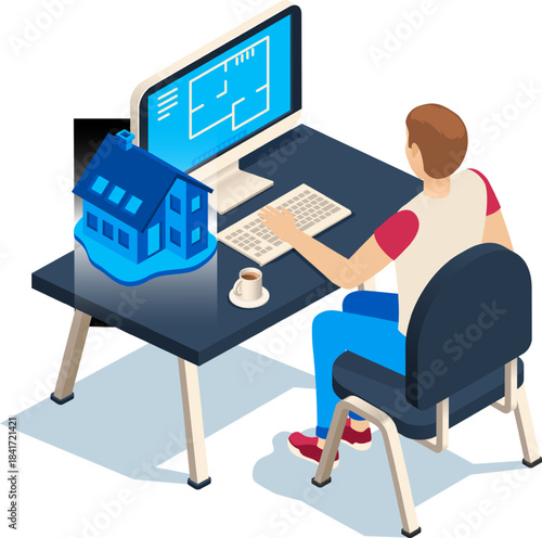 Architect designing residential home blueprint on computer