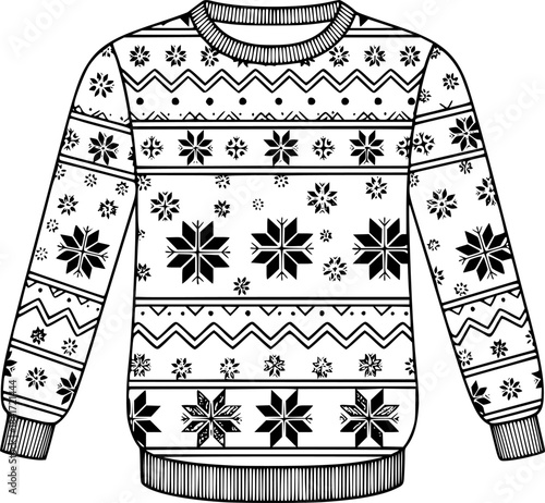 Outline of a Winter Holiday Ugly Christmas Sweater with Snowflakes and Zigzags Design

