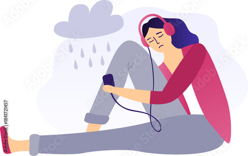 Woman listening to sad music coping with depression