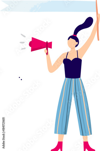 Woman holding megaphone and blank banner promoting message