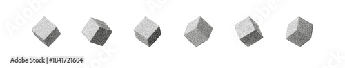 Set of abstract 3D cubes with grainy noise texture and soft halftone shading. Minimal geometric shapes on white background create a modern retro look with subtle stipple gradients and smooth shadows.