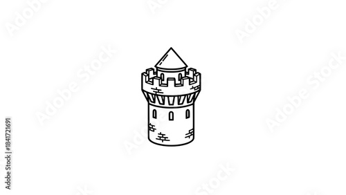 Minimalist line-art castle tower icon with crenellations and conical roof