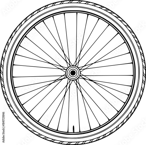 Black and white illustration of a bicycle wheel perfect for designs related to cycling and sport
