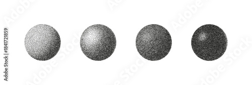 Set of grainy halftone spheres with noise texture and soft gradient shading. Abstract round shapes with stipple effect and retro grunge style. Grain, sphere, halftone repeated for relevance.