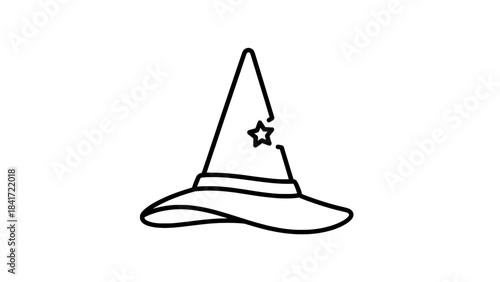Minimalist line art of a wizard hat with a star emblem - simple vector illustration