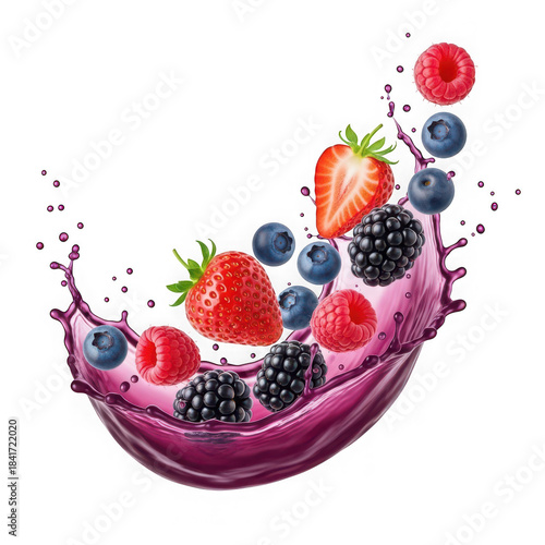 Fresh mixed berries splashing into pink yogurt or smoothie