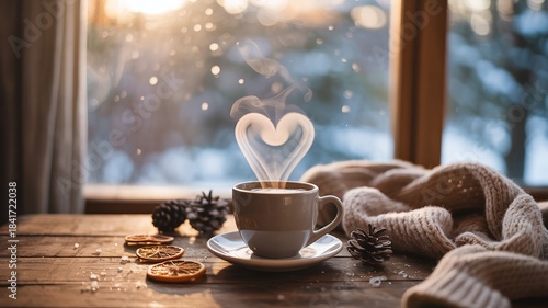 Cozy cup of hot coffee or tea with heart shaped steam against snowy window background, symbolizing warmth, winter comfort, love, and seasonal relaxation.