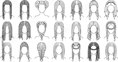 Vector illustration collection depicting various braided hairstyle styles for women in black and white outlines

