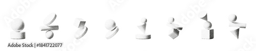 3D abstract balance shapes with geometric spheres, cubes and cylinders on a white background. Grainy noise, halftone texture and gradient effects create a fluid monochrome balance composition.