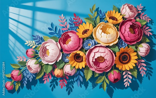 Fototapeta Naklejka Na Ścianę i Meble -  Vibrant paper cut bouquet of peonies and sunflowers on blue