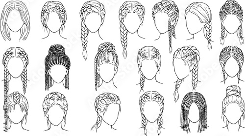 Vector illustration collection depicting various braided hairstyle styles for women in black and white outlines
