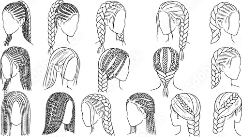 Vector illustration collection depicting various braided hairstyle styles for women in black and white outlines
