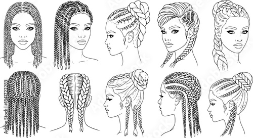 Vector illustration collection depicting various braided hairstyle styles for women in black and white outlines
