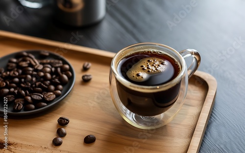 Freshly brewed black coffee in glass cup with bean on tray