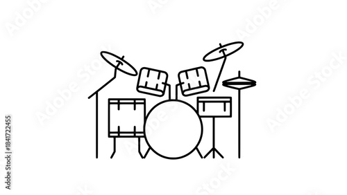Minimalist line-art illustration of a drum kit with bass drum, toms and cymbals