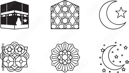 Minimalist Islamic Symbols Vector Set: Kaaba, Crescent Moon and Star, Arabic Geometric Patterns, Ramadan Mubarak and Eid Al-Fitr Celebration Icon Collection.