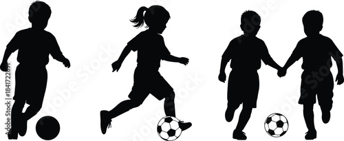 Silhouette of children playing soccer, boy and girl kicking football on grass, active kids sports scene, teamwork, outdoor youth activity illustration