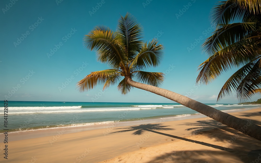 Obraz premium Leaning palm tree casts shadow on tropical beach under blue sky