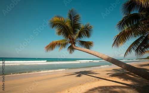 Leaning palm tree casts shadow on tropical beach under blue sky