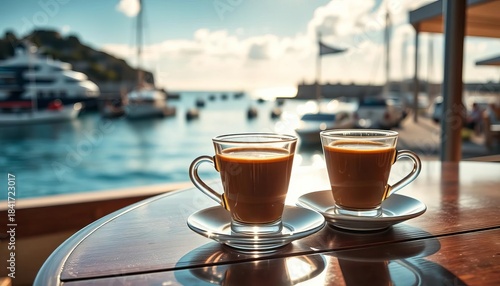 Fototapeta Naklejka Na Ścianę i Meble -  Two espresso cups on a seaside cafe table, sunlit harbor view, coastal town, cups