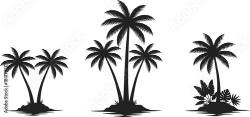 Silhouette of tropical palm trees on small islands, summer beach landscape illustration, exotic nature scenery, coastal paradise design, vacation travel concept artwork