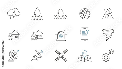 Set of weather and disaster warning icons line art.