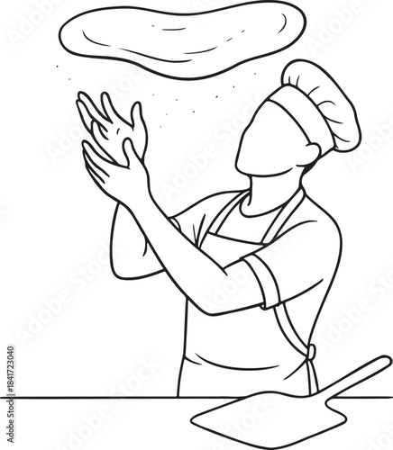 Pizza chef tossing dough, line art