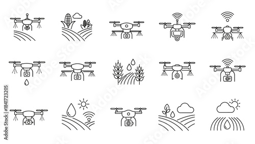 Agricultural Drones Flying Over Fields Spraying Crops Icon Set.