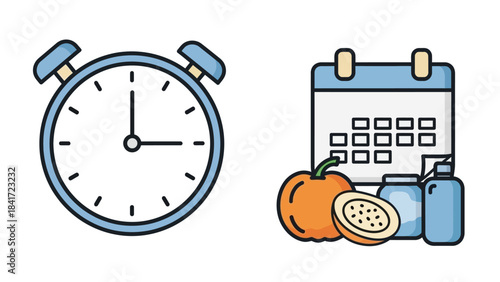 Alarm clock and calendar with healthy food items illustration.