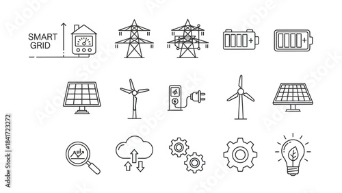 Smart Grid Icons Representing Energy Technology and Sustainability.