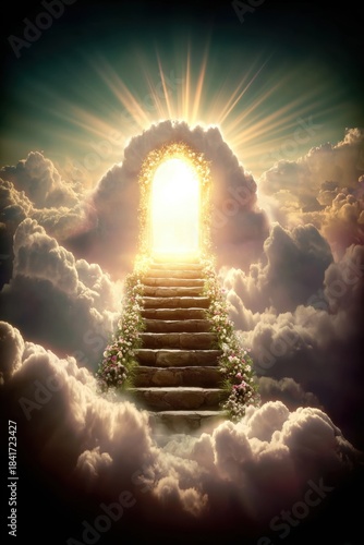Stairway to heaven, ascending into a celestial realm, sky and cloud background