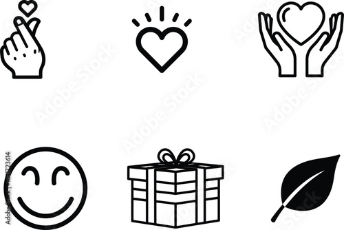 A versatile collection of simple blackandwhite line art icons featuring hearts hands a gift box and a smiling emoji symbol representing various positive concepts and emotions