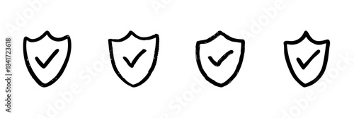Shield With Checkmark Line Icon Set In Doodle Style. Security Assurance, Protection, And Verification Outline Sketch. Cybersecurity And Trust Symbol. Hand Drawn Isolated Vector Illustration