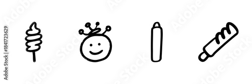 Ice Cream, Smiling Face, Marker, And Baguette Line Icon Set In Doodle Style. Sweet Treats, Happiness, Creativity, And Bakery Goods Outline Sketch Collection. Hand Drawn Isolated Vector Illustration